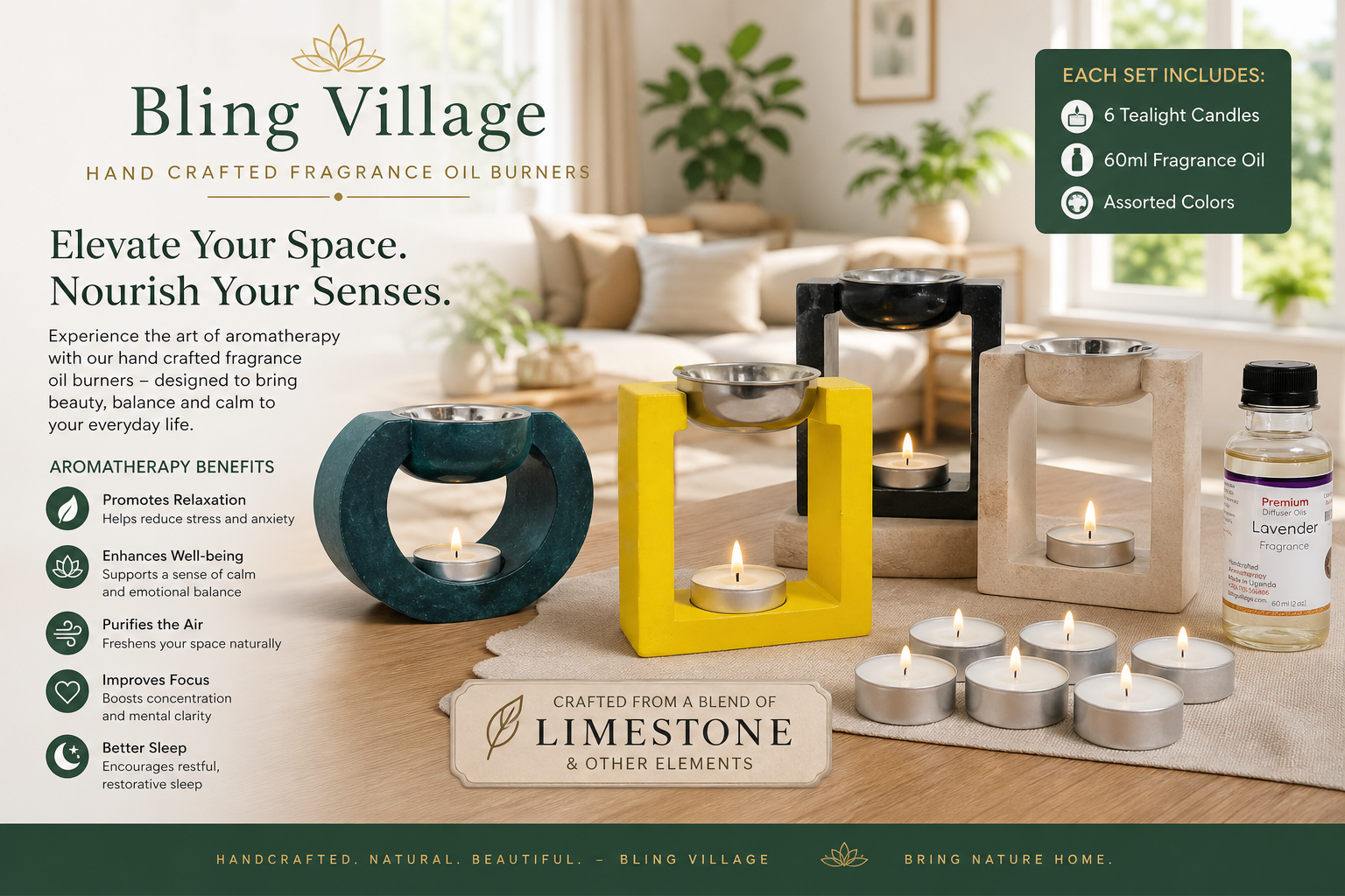 Handcrafted Oil Burners + 6 Tealight candle & 60ml Fragrance